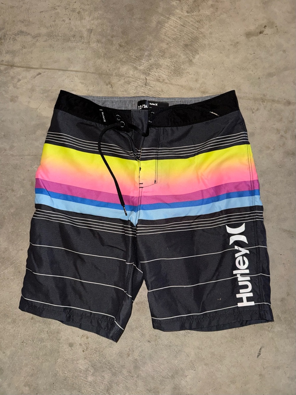 Hurley Men’s Black Board Shorts with Neon Yellow-Pink-Blue Stripes
